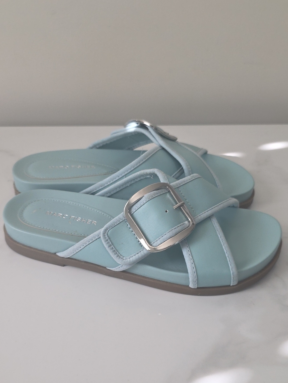 Marc Fisher Hazaia Light Blue Buckle Slide Sandals